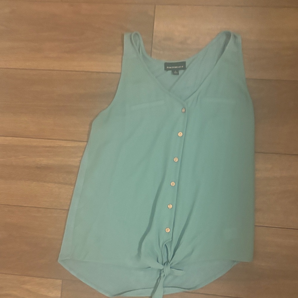 Fortune and Ivy Teal Sleeveless Button-Down Blouse